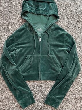 Hollister Women's Deep Forest Green Velour Zip Hoodie